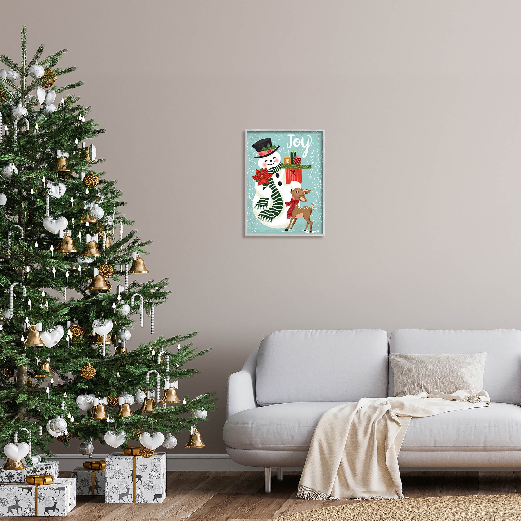 Joy Smiling Snowman Holiday Deer Holiday Graphic Art Gray Framed Art Print Wall Art