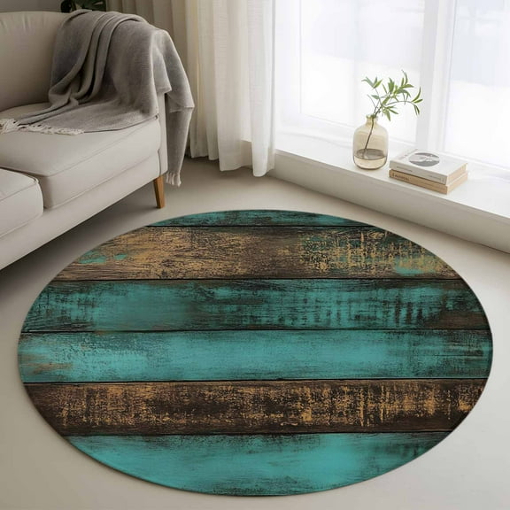 Vintage Teal Stripe Round Rug 3ft Washable Circle Entryway Rugs Non Slip Farmhouse Shabby Turquoise Area Rug Indoor Floor Carpet for Bedroom Kitchen Living Room Home Office Dining Room Nursery