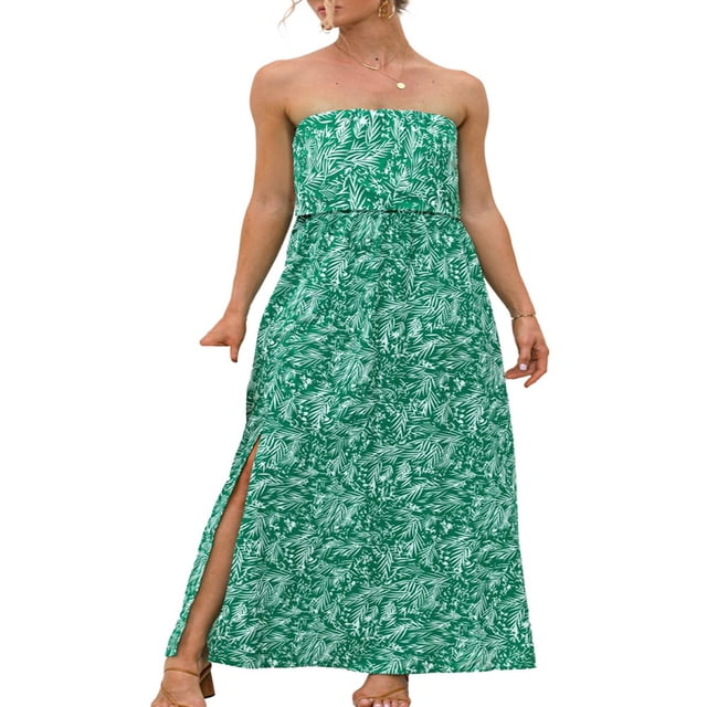 LNGOOR Robe Longue Maxi Bohème à Volants pour Femmes, Sans Bretelles, Ligne A, Fendue, Haut Tube