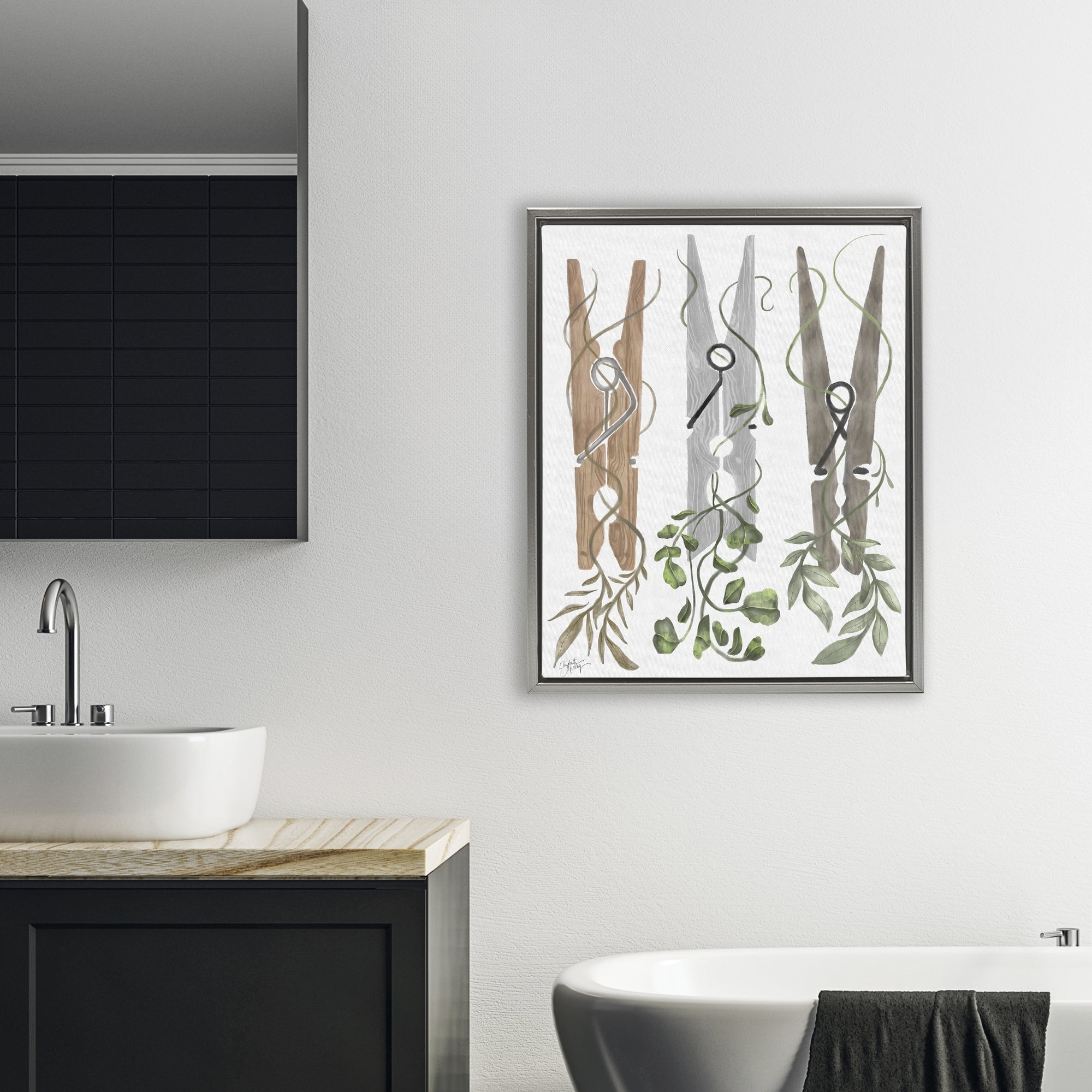 Stupell Industries Ivy Wrapped Clothespins Gray Framed Floater Canvas Wall Art, design by Elizabeth Medley