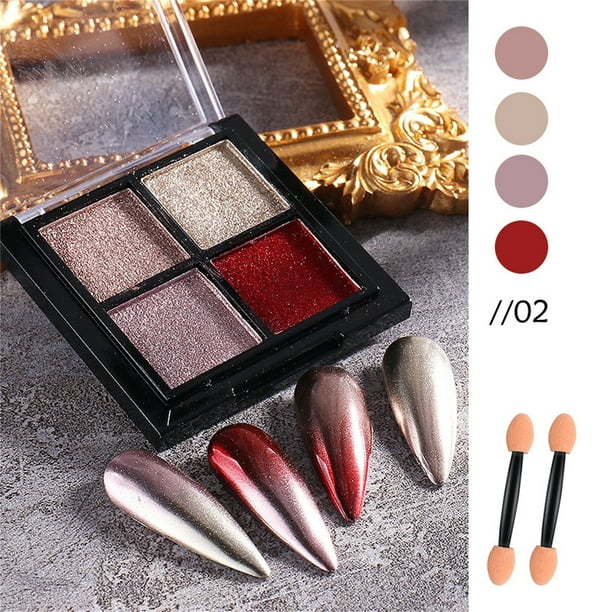 Fiudx Polvo de Espejo Sólido para Decoración de Uñas, 4 Colores, Brillo de Espejo para Uñas