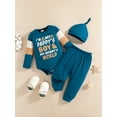 thumbnail image 2 of Newborn Baby Boys Clothes Newborn Boys 3PCS Romper Outfits Set Letter Print Newborn Boys Long Sleeve Top Pants Set with Hat Blue, 2 of 9