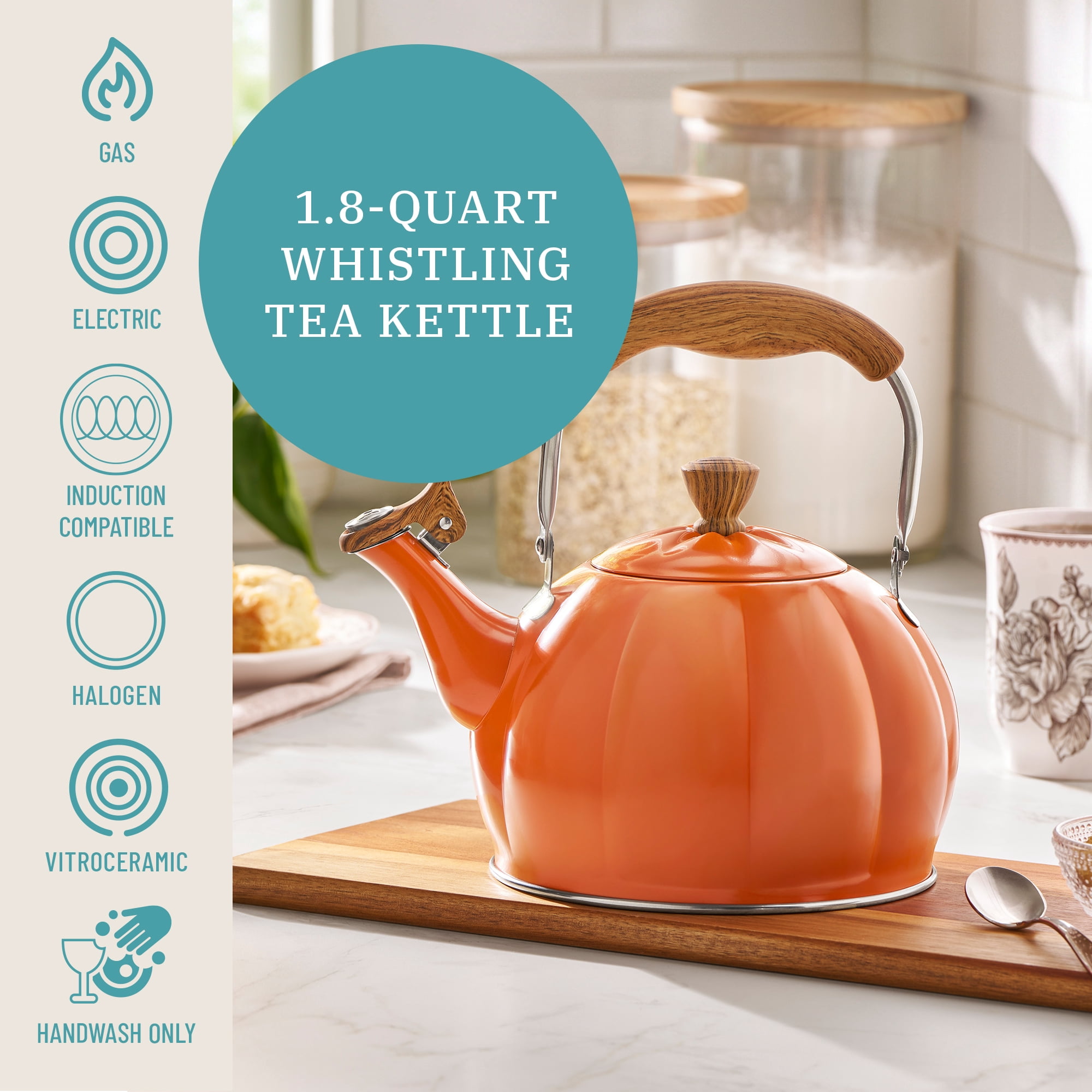 The Pioneer Woman Orange Pumpkin Whistling Tea Kettle with Lid - Hand Wash Only