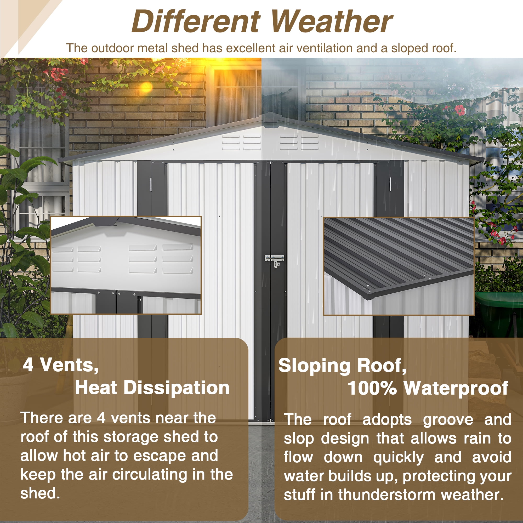 Aukfa Outdoor Storage Shed,8 x 6 ft Metal Sheds w/ Lockable Doors for Garden, Backyard,White