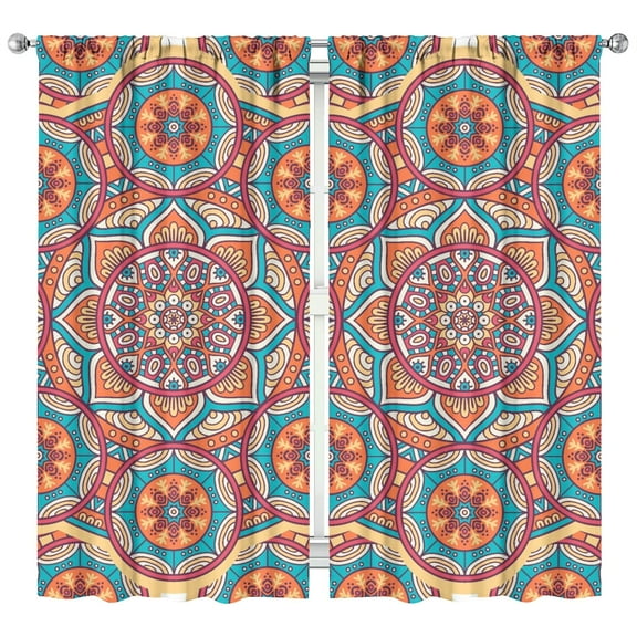 Ethnic Inspired Symmetrical Mandala Kitchen Curtains 2 Panels 42x84 Inch Semi-Sheer Decor