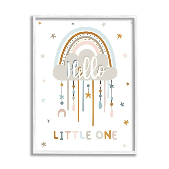Stupell Industries Hello Little One Patterned Stars Nursery Rainbow Graphic Art White Framed Art Print Wall Art, Design by Angela Nickeas