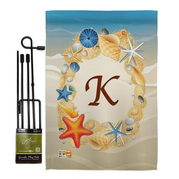 Breeze Decor BD-BN-GS-130167-IP-BO-D-US14-BD 13 x 18.5 in. Summer K Initial Coastal Beach Impressions Decorative Vertical Double Sided Garden Flag Set with Banner Pole