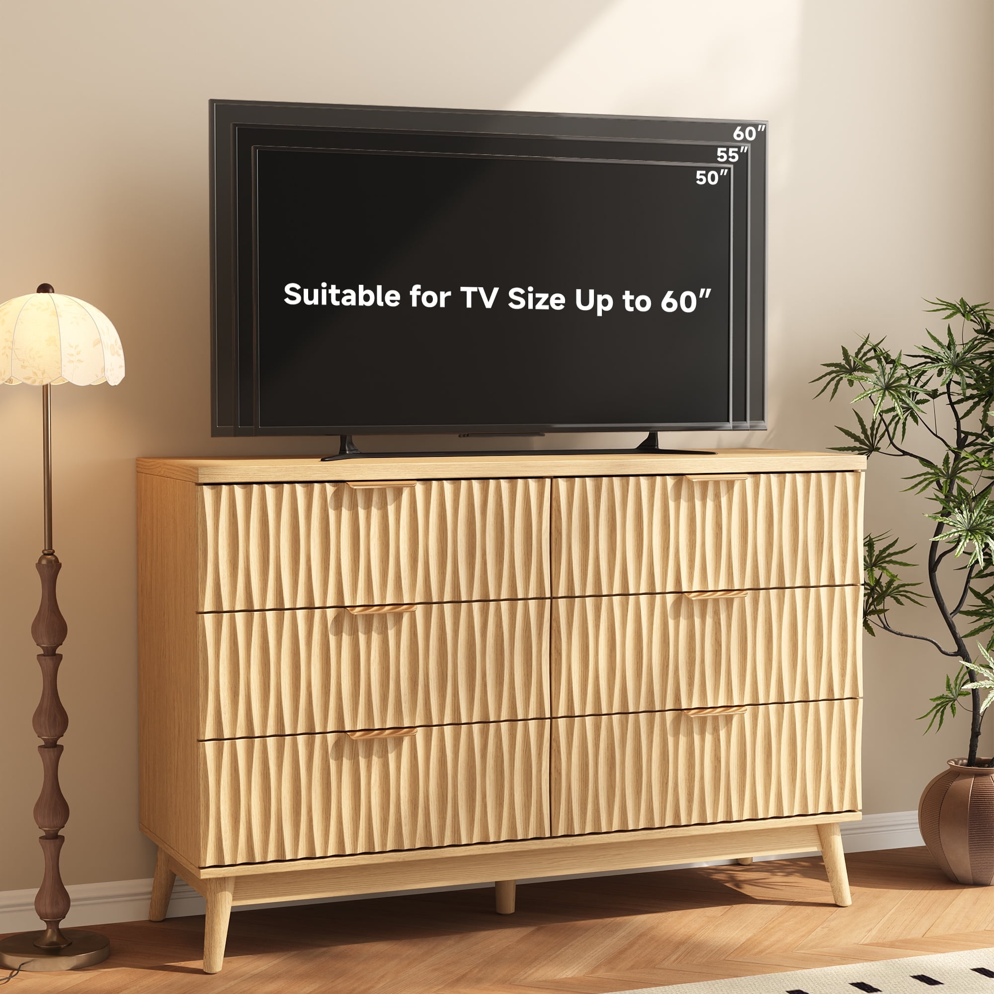47"W Fluted 6 Drawers Dresser for Bedroom, Modern Chest of Drawers with Metal Handle, Wooden TV Stand for Living Room, Hallway