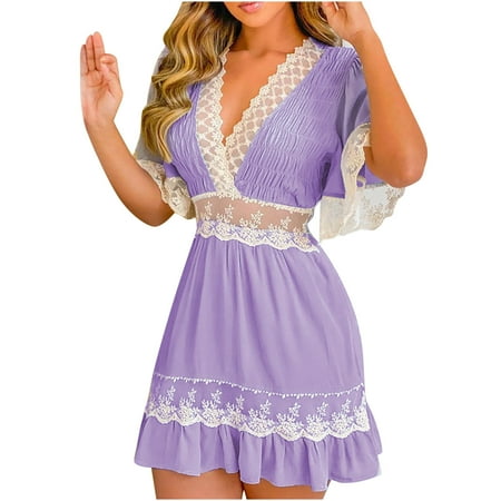 QUYUON Women Babydoll Mini Dress Summer Casual Hollow Out Mesh Lace Trim Deep V Neck Short Sleeve Mini Short Dress Floral Print Holiday Beach Sundress Pleated A-Line Dress Purple-B Medium