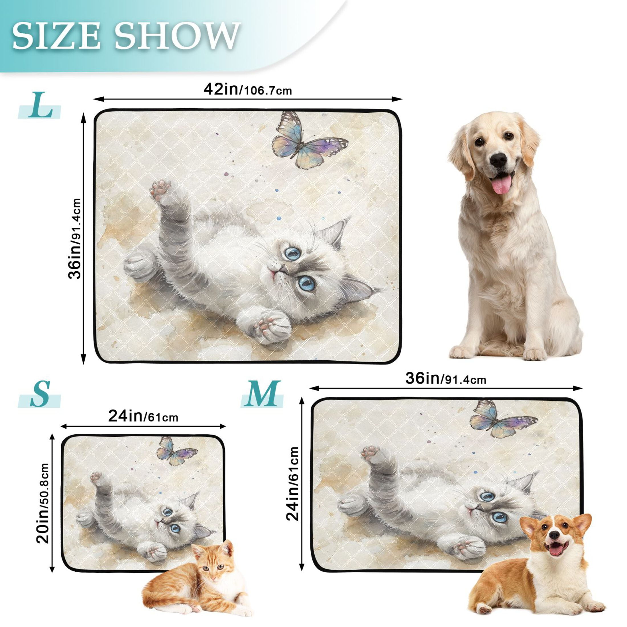 Qxltty Cat with Colorful Butterfly Cat litter Pads Pet Set of 3 Diaper Mats Center Anti-leakage Layer Absorbent Soft and Comfortable