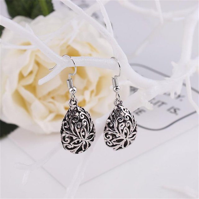 1 par de pendientes de gota de agua con diseño de flores bordadas de Metal, pendientes colgantes de plata tibetana antigua, joyería Vintage para mujer, nuevo