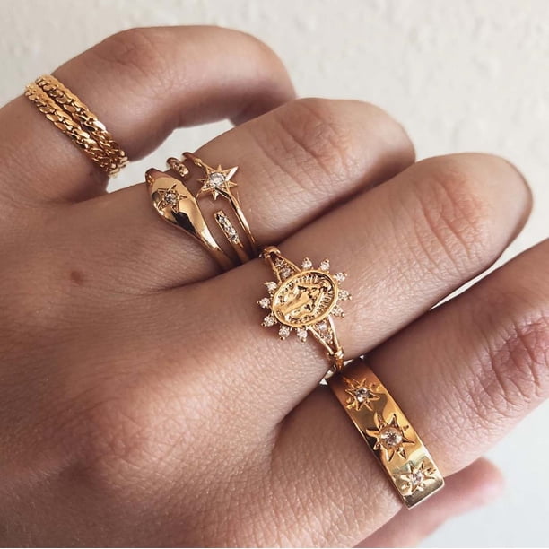 Fiudx Anillos Bohemios, Conjunto Geométrico Abierto de 7 Piezas, Joyería Única de Estilo Hip Hop, Accesorio de Moda, Perfecto para Cualquier Ocasión, Regalo Especial para Mujeres y Niñas.
