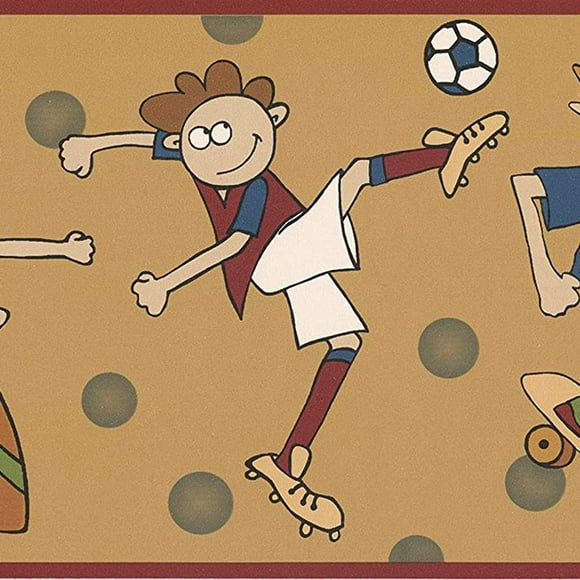 CONCORD WALLCOVERINGS Active Kids Wallpaper Border Featuring Boys with Scateboard, Surfboard and Soccer Ball, Colors Yellow Blue Red Green, Size 9 Inches by 15 Feet NGB76808