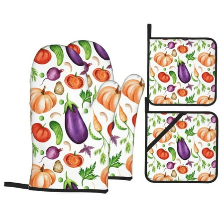 

Oven Mitts and Pot Holders 4 pcs Set Eggplant vegetable pumpkin Heat Resistant Pot Holders Oven Mitts for kitchen Non-Slip Hanging Loop Oven Glove Potholders for Baking Cooking