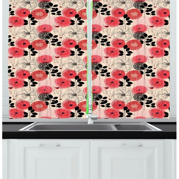Ambesonne Floral Kitchen Curtains, Circled Abstract, 55"x39", Pink and Black
