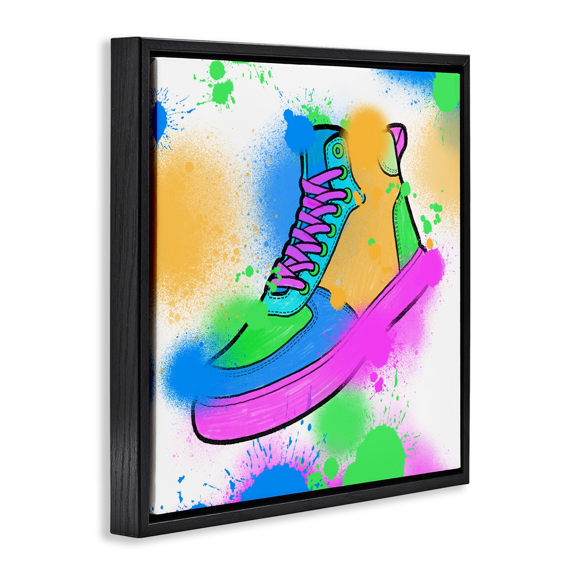 Stupell Industries Splattered Cool Sneakers Entertainment Painting Black Floater Framed Canvas Art Print Wall Art, 18 x 18