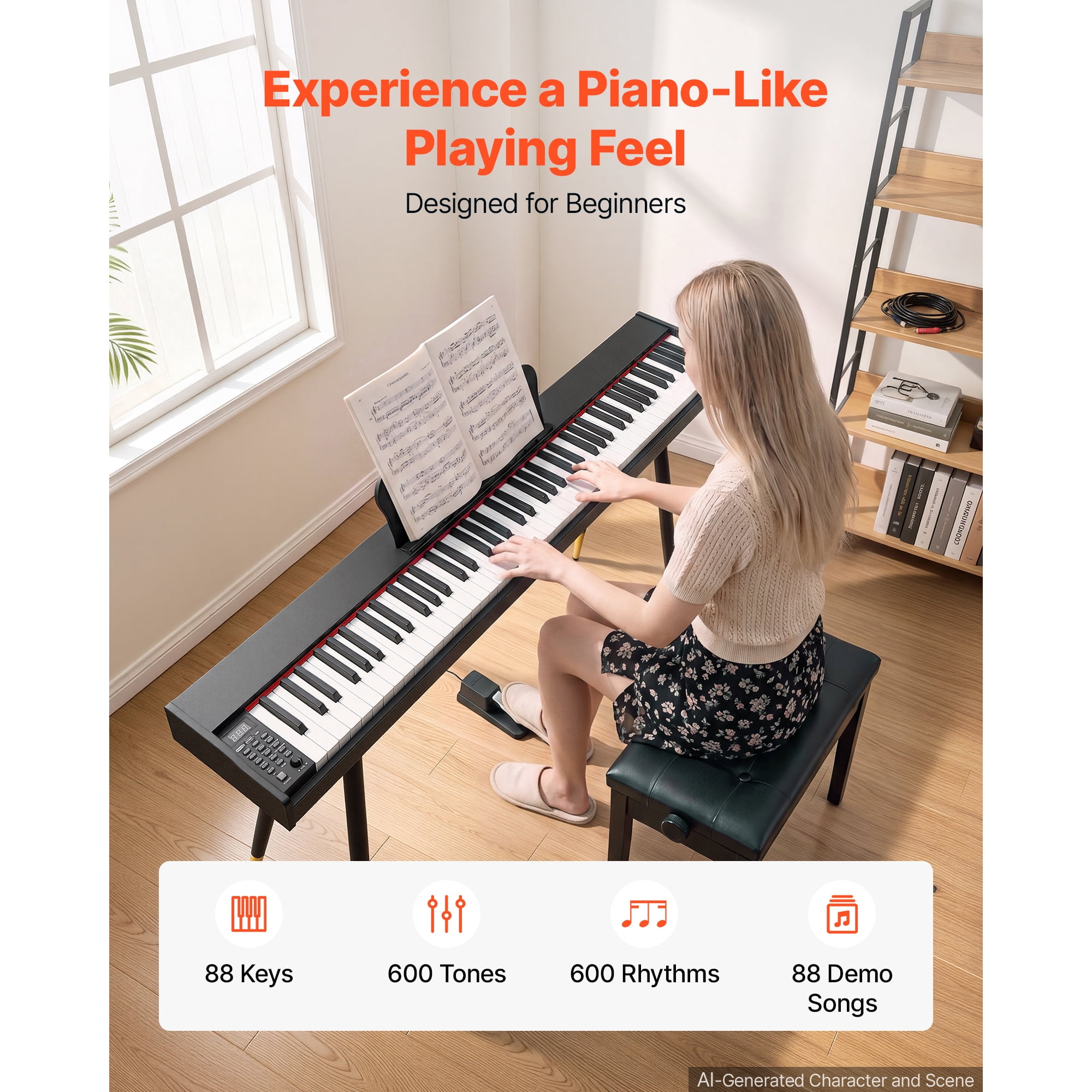 KFFKFF Digital Piano with 88 Semi-Weighted Keys, Full-Size Keyboard, Stand, and Accessories – Ideal for Beginners, Featuring 600 Tones, 600 Rhythms, Sustain Pedal, Built-in Speaker, Headphone Jack.