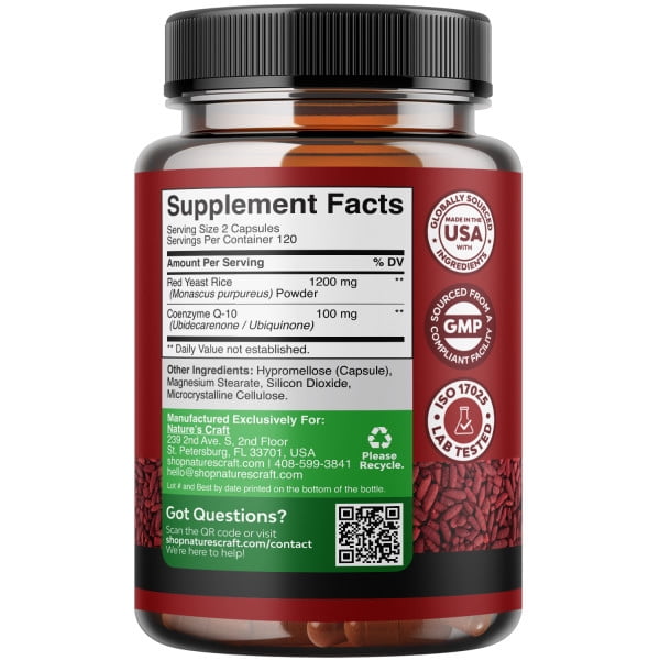 Natures Craft Red Yeast Rice Capsules 1200mg with CoQ10 100mg, Heart Health Supplement, 240 Count