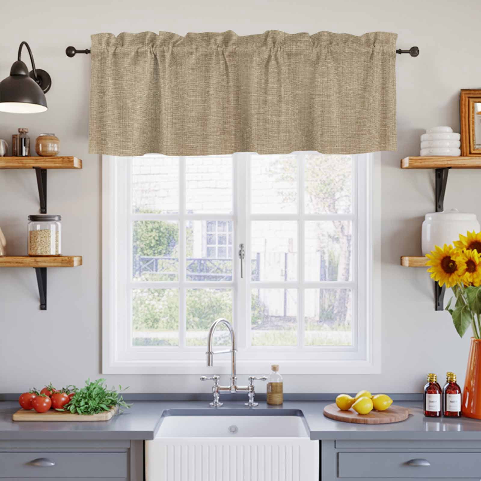 2 Panels Beige Valance for Windows, Farmhouse Burlap Solid Brown Color Modern Linen Texture Light Filtering Kitchen Curtains, Rod Pocket Window Treatment Curtain Valances for Living Room, 42"x18"
