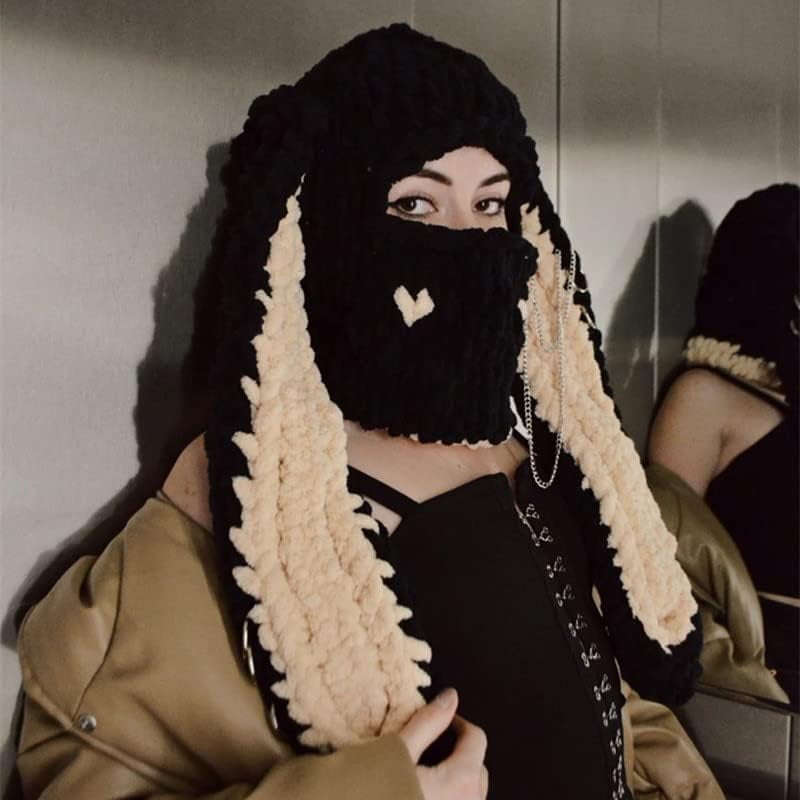 Y2k Knit Balaclava Face Mask for Women Men Bunny Ear Horn Ski Scarf Winter Warm Hat Knit Skull Beanie for Halloween