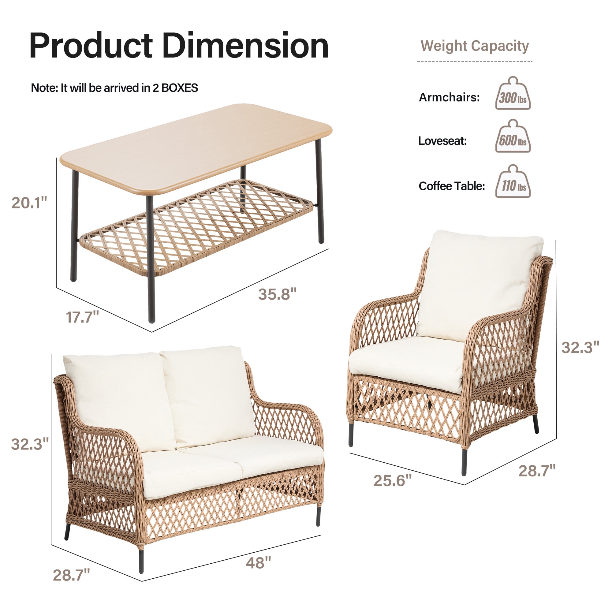 LAUSAINT HOME 4-Piece Outdoor Patio Conversation Set, All-Weather PE Rattan Furniture with Loveseat, 2 Chairs and Table, Beige Olefin Cushions