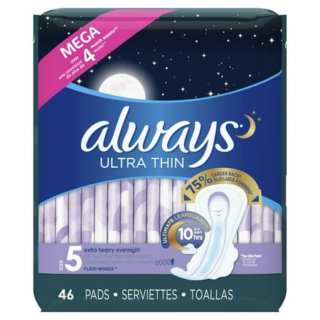 ALWAYS Ultra Thin Size 5 Extra Heavy Overnight Pads With Wings Unscented, 46 (Best Pads For Heavy Flow Periods In India)