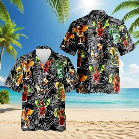 Dragon Cocktail Hawaiian Shirt for Men, Button Down Summer Beach Short Sleeve, Tropical Style, Sizes S-5XL
