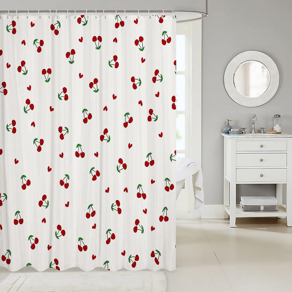 Kids Red Cherry Shower Curtain Cherry Pattern Bath Curtain Boys Girls Cute Fruit Bathroom Shower Curtain Set Kawaii Cartoon Fruit Teens Bathroom Accessories Room Decor 72"x80"