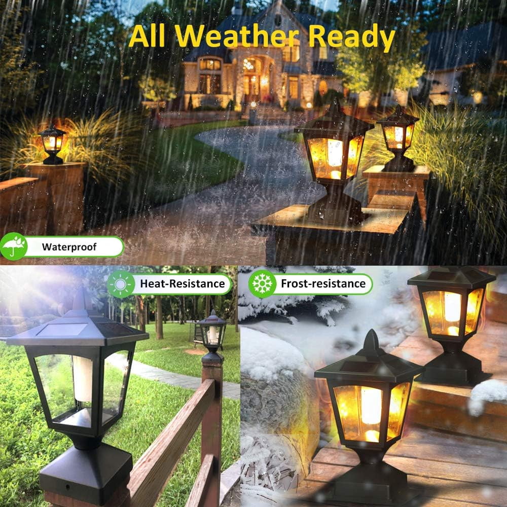 Solar Post Cap Lights for 4x4 Wood Fence, Flickering Flame LED, Waterproof Outdoor Deck & Garden Lighting, 4 Pack, Auto On/Off, Black