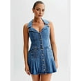 thumbnail image 5 of Women'S Sleeveless Denim Dresses Chic Single Breasted Ruffed Hem Mini Length Dress Blue M, 5 of 8