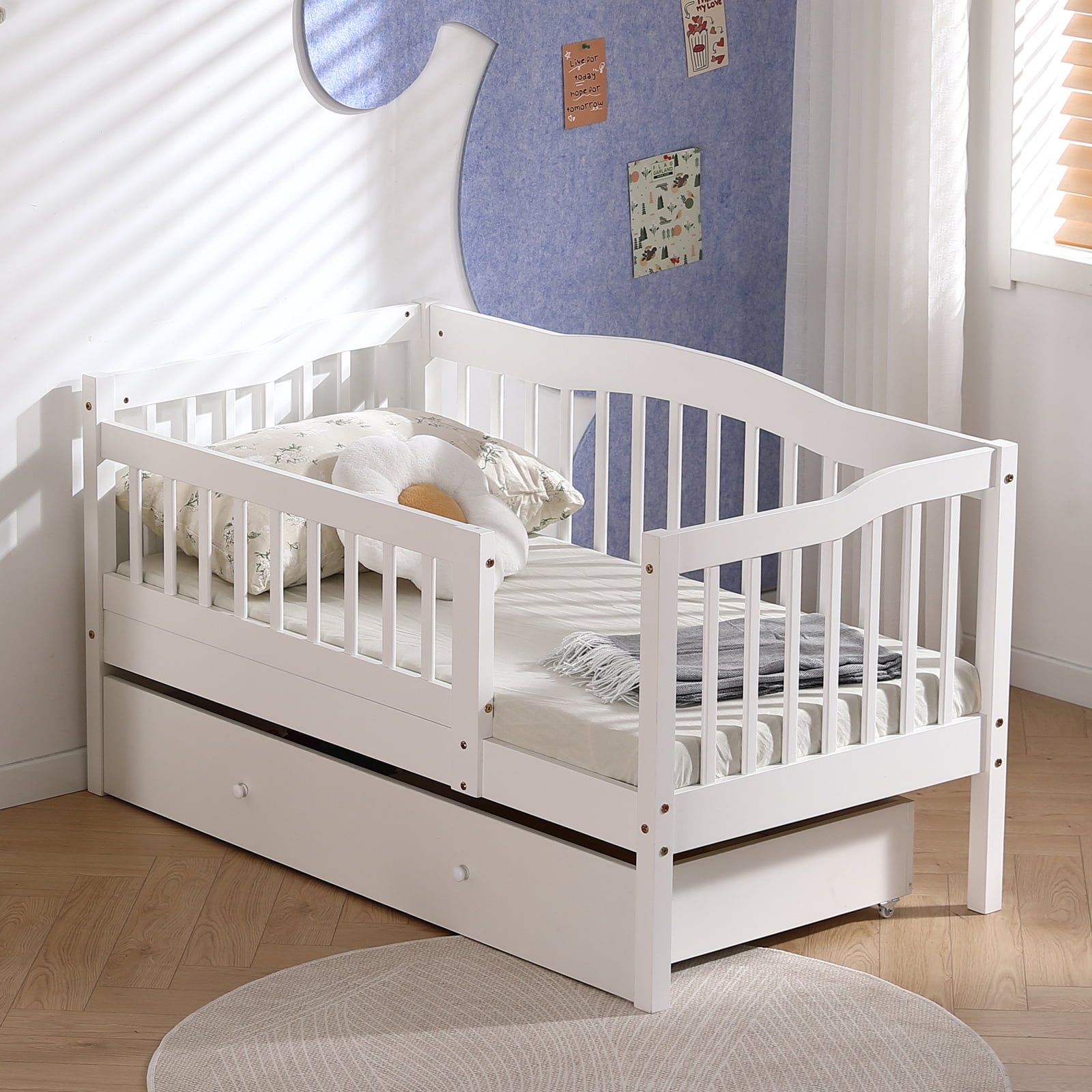 Ktaxon Toddler Daybed with Storage Drawers, Wood Kids Platform Bed Frame with Rails, No Box Spring Needed, Easy Assembly - White