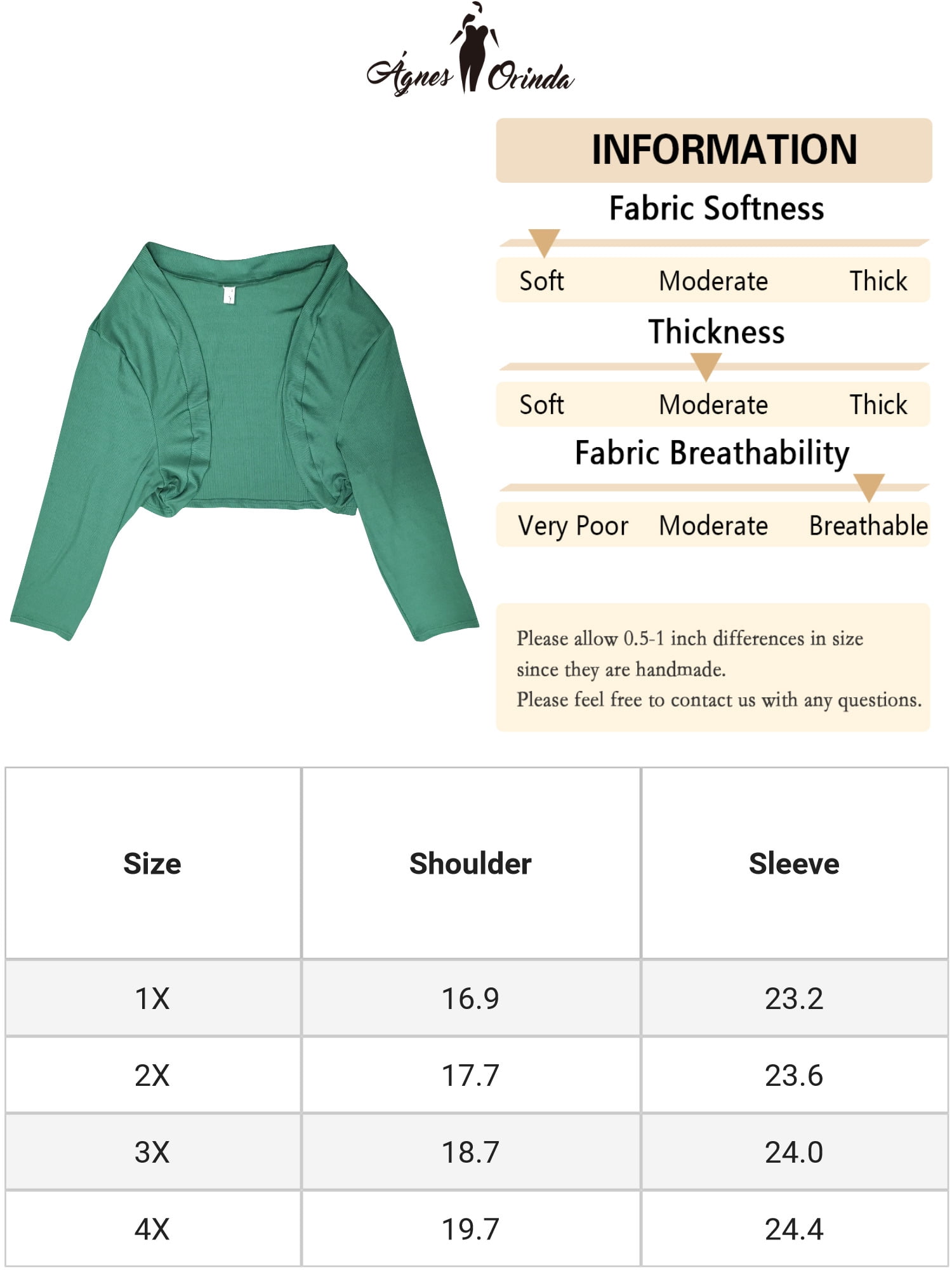 DARING DIVA Plus Size Long Sleeve Open Front Cropped Cardigans Shrugs 1X Dark Green