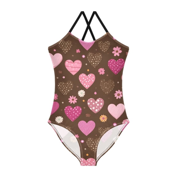 Girls' One-piece Swimsuit Cross Back Bathing Suit Beach Surfing Sizes 3T-10T Pink and Brown Hearts Pattern