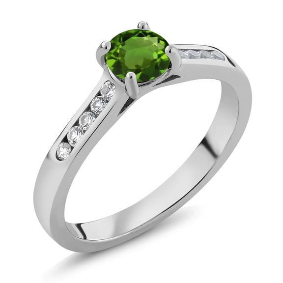 Gem Stone King 925 Sterling Silver Green Chrome Diopside and White Created Sapphire Engagement Ring for Women | 0.60 Cttw | Round 5MM | Gemstone Birthstone | Size 7
