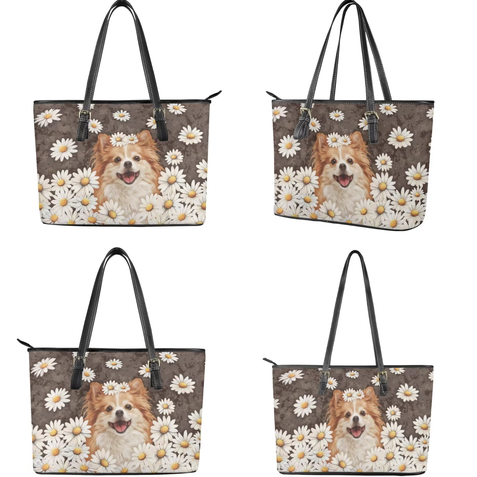 TSOVTHRID Pomeranian Dog Daisy Print Purse for Women Pu Leather Shoulder Purse Top Handle Tote Satchels with Wallet Large Capacity Handbag Wallet Set for Shopping Walking, Beige