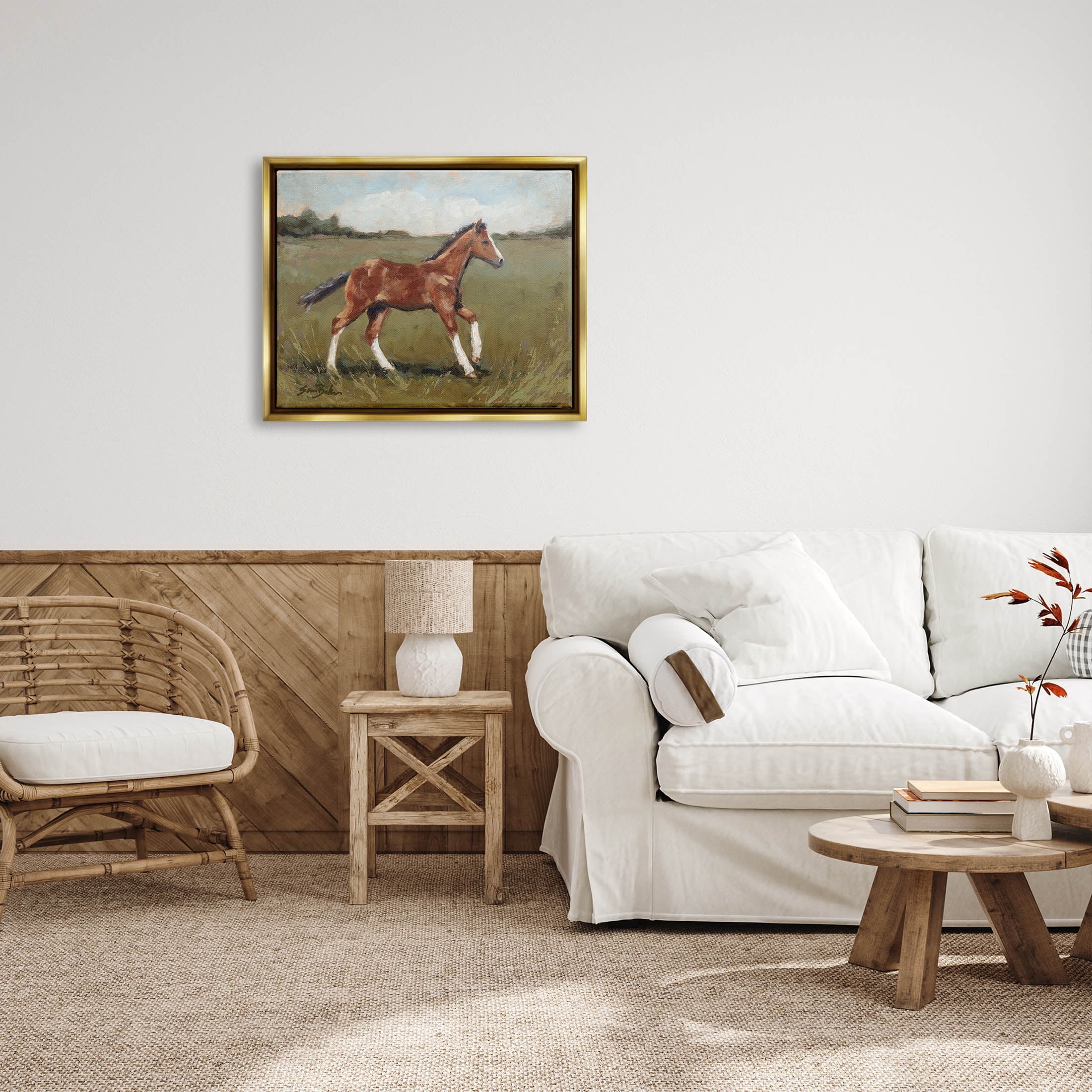 Horse Foal Galloping Countryside Animals & Insects Painting Metallic Gold Framed Art Print Wall Art