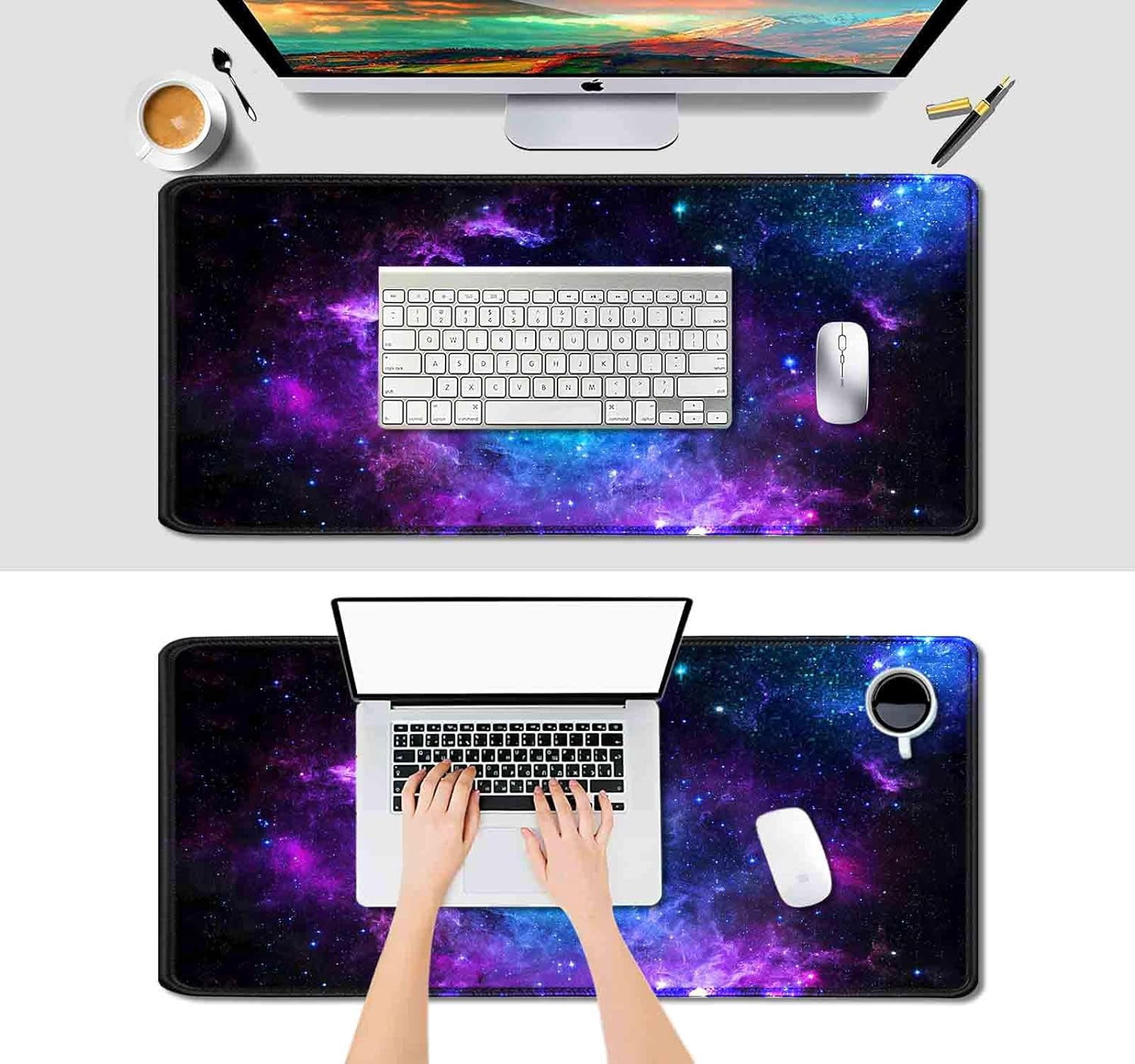 Blue Purple Galaxy Nebula Desk Mat (35.4x15.7 in), Space Gaming Large Mouse Pad XL, Non-Slip Rubber Base Big Mousepad, Desk Pad for Desktop, Computer Accessories, Abstract Glowing Universe
