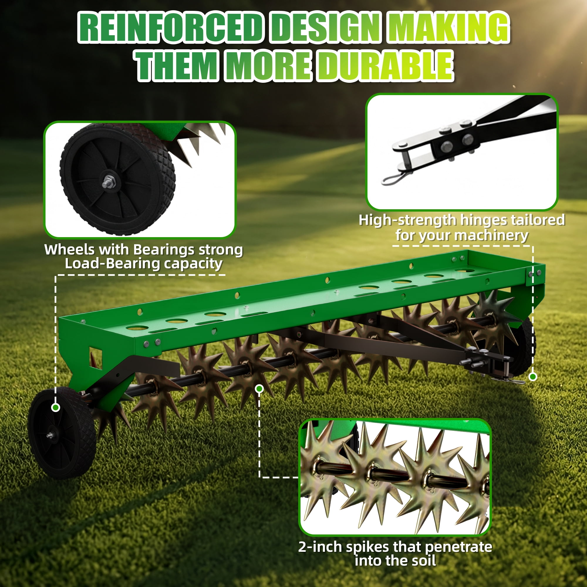 48" Tow-Behind Spike Aerator, Tractor Lawn Aerator with 12 Steel Spike Disks with Universal Hitch, Green Galvanized Steel for Garden, Farm & Yard,280lbs Capacity