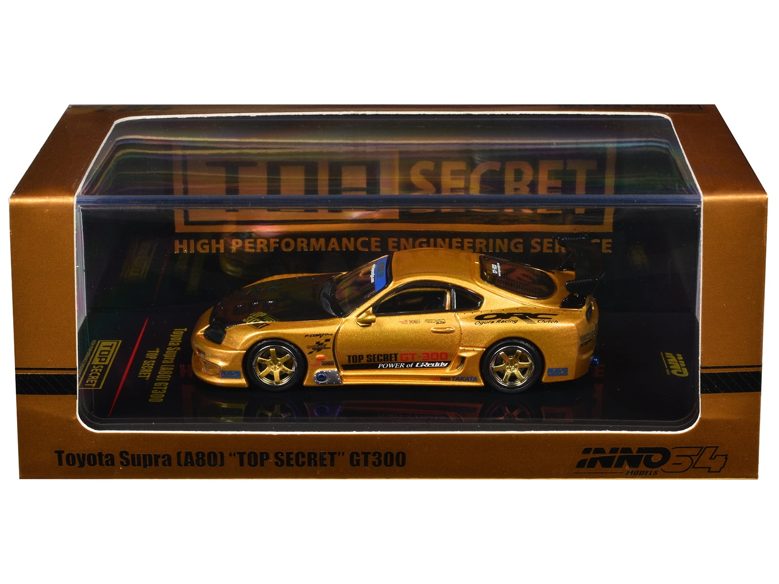 Toyota Supra (A80) "Top Secret" GT300 RHD Gold Metallic with Carbon Hood 1/64 Diecast Model Car by Inno Models