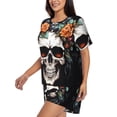 thumbnail image 2 of Susaid Flower Horn Skull Print Women's Pajama Set, Button-Up Sleepwear with Elastic Waist Shorts, Perfect for Lounging, Yoga, Beach, and Casual Wear-Large, 2 of 7