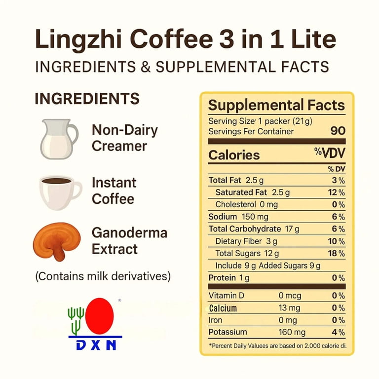 DXN Lingzhi Coffee 3 in 1 Lite, 20 Pack, Instant Gluten-Free