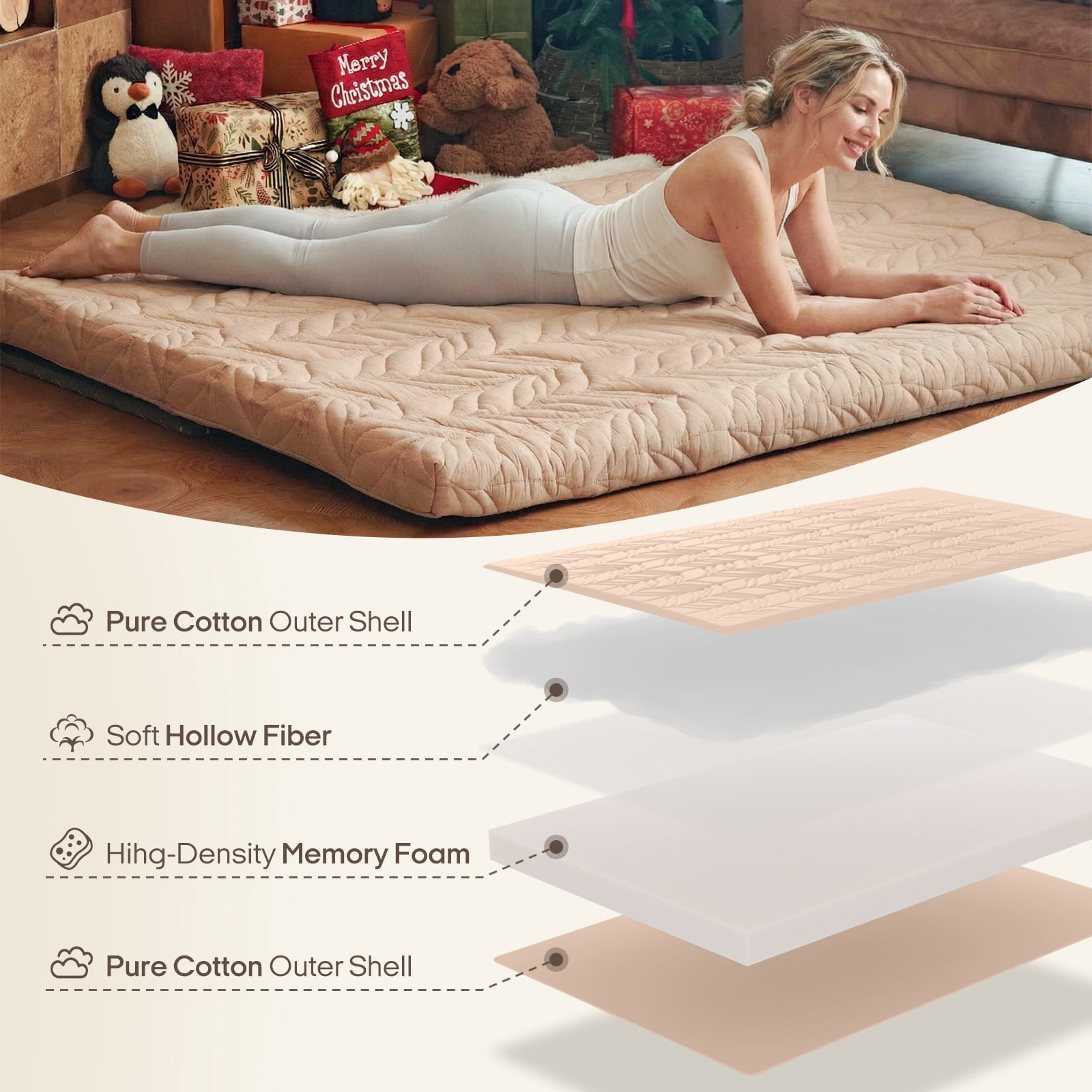 Zonli Japanese Floor Mattress Futon, Foldable Tatami Mat with Cotton Cover, Queen 80"x60", Coffee