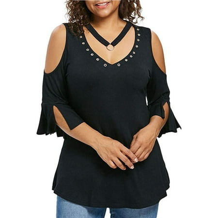 

Womens Plus Size Cold Shoulder Tunic Tops Summer Casual V-Neck Flare Sleeve Blouse Shirts XL-5XL