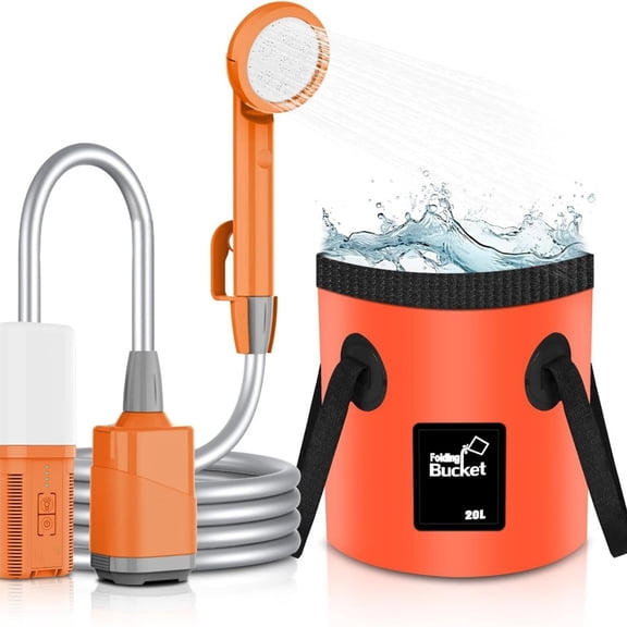 "Portable Shower for Camping, Rechargeable Camping Shower Pump with 5 Gallons Collapsible Bucket & LED Light, Electric Outdoor Camp Shower Portable Shower Pump Camping Hiking (5.9 ft Hose) "