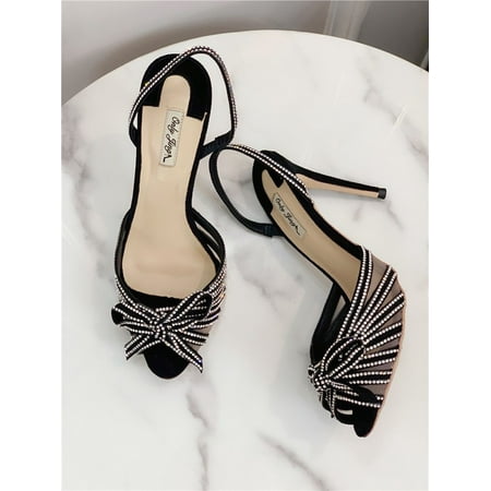 

2021 New Arrivals Sale Free shipping fashion women s Heels shoes black suede bow crystal Strapped peep toe slingback high heels Express Shipping Included 12cm 10cm