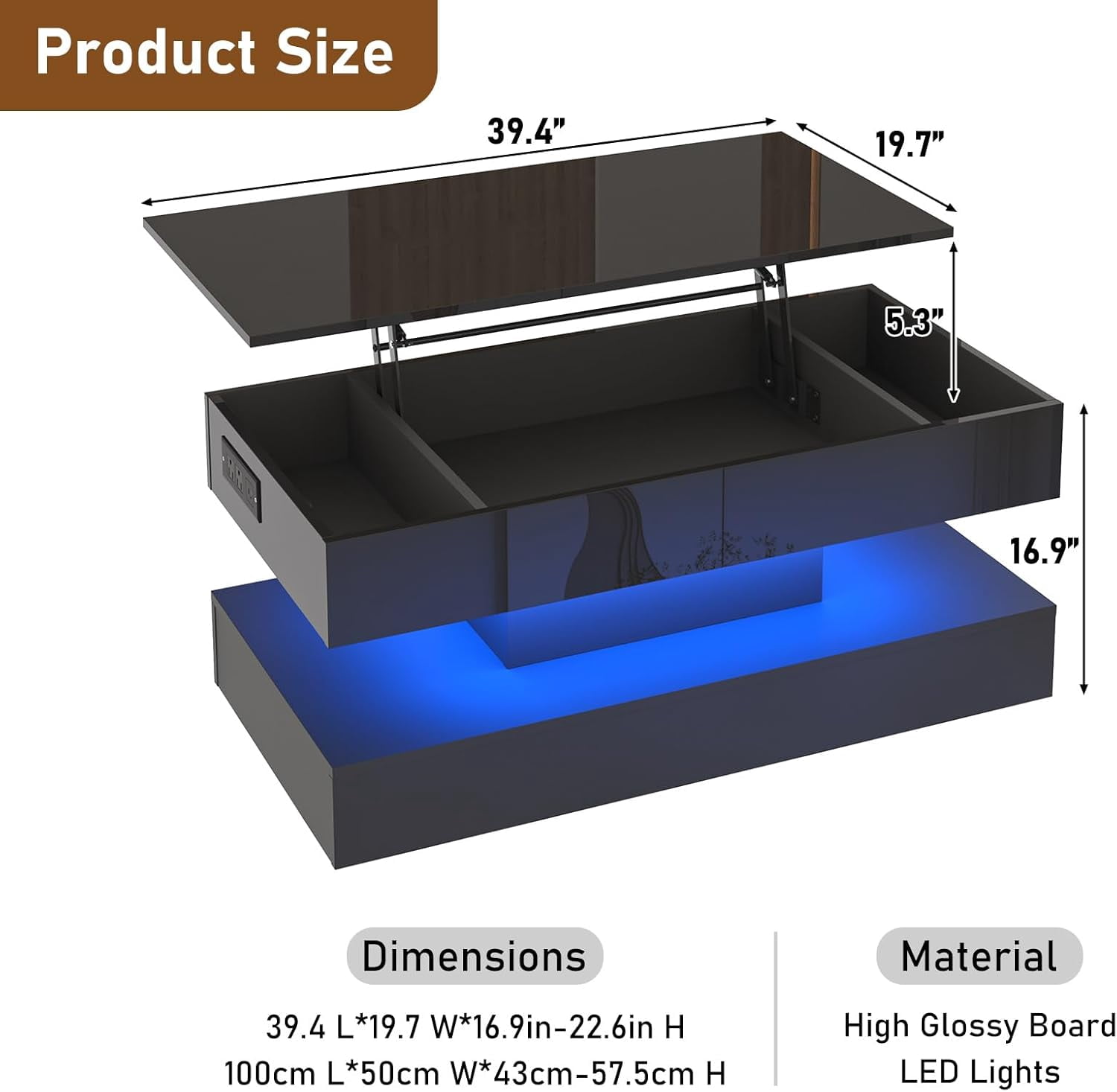 ChVans 39.4" Large Lift Top Coffee Table with Charging Station & LED Lights, Black High Glossy LED Coffee Table with Hidden Compartment Storage, Modern Living Room Tables