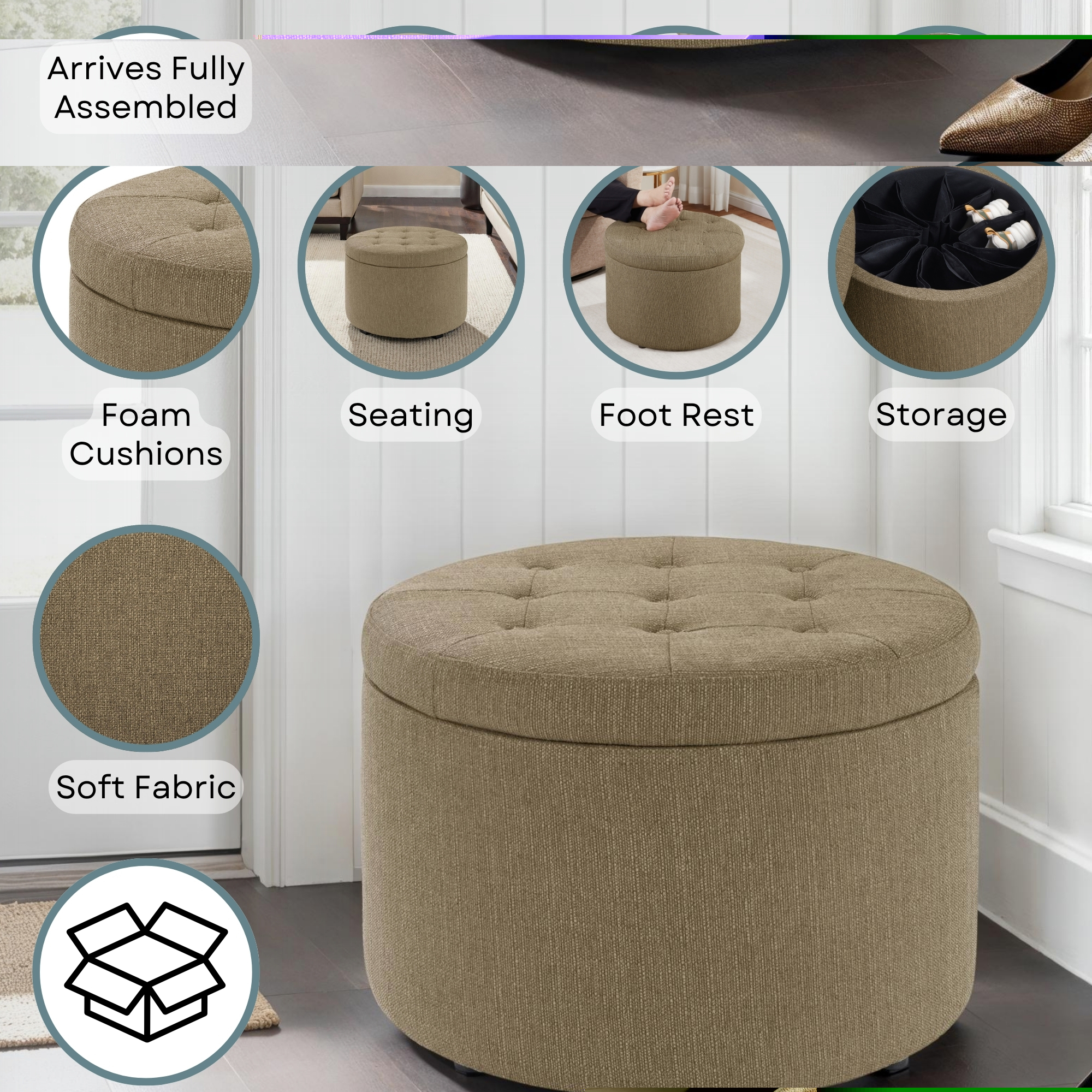Convenience Concepts Designs4Comfort Round Shoe Storage Ottoman, Sandstone Linen