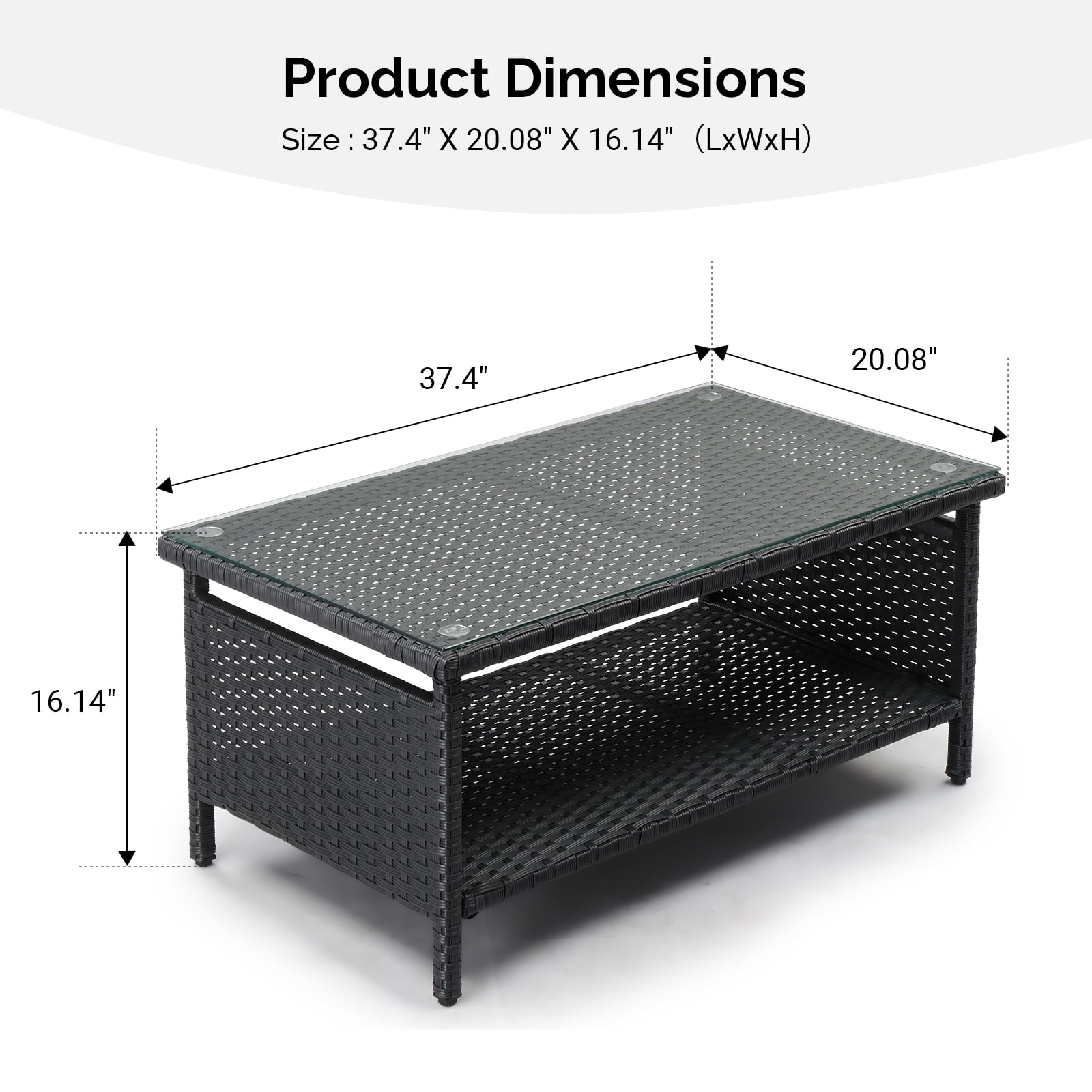 Ktaxon X-Large Outdoor Wicker Coffee Table with Tempered Glass Top and Storage, Black