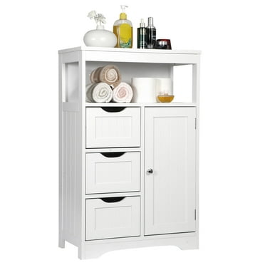 Bathroom Floor Cabinet Wooden Storage Organizer with 3 Drawers Adjustable Shelf