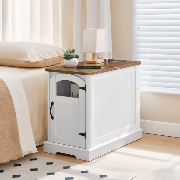 HOOBRO End Table with Charging Station, Adjustable Shelf & Glass Door, White and Walnut